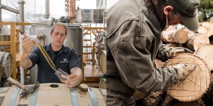 Ryan sampling some Tom Cat while it ages; Preparing American oak logs to make Tom Cat barrels