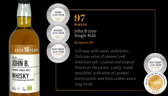 John B 10yo Single Malt Whisky wins the spirit of the year at the 2022 USA Spirits Ratings.